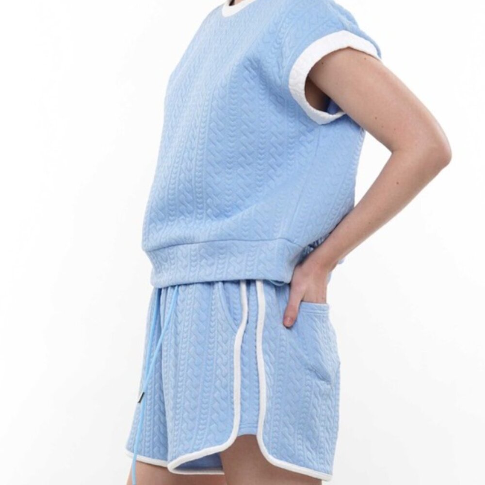Light Blue Cable-Knit Tank Top with White Trim